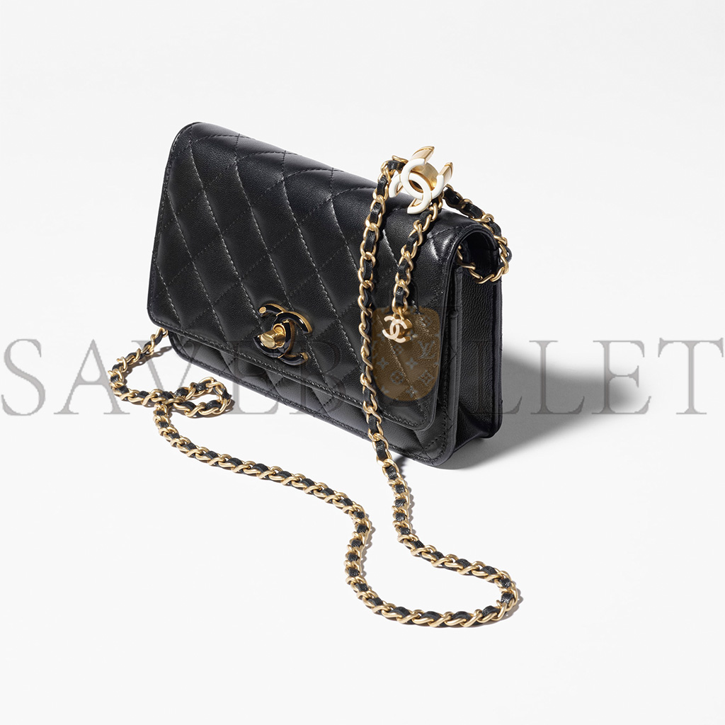 CHANEL ON-CHAIN WALLET SHINY LAMBSKIN, ENAMEL AND GOLD-TONE METAL BLACK AP3938 (19.5*12*5.5cm)